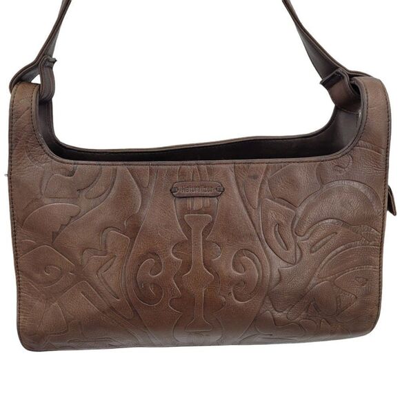 Naturalizer Handbag Leather Artsy Embossed Tiki Shoulder Bag Brown 4 Pocket Med - Picture 6 of 12